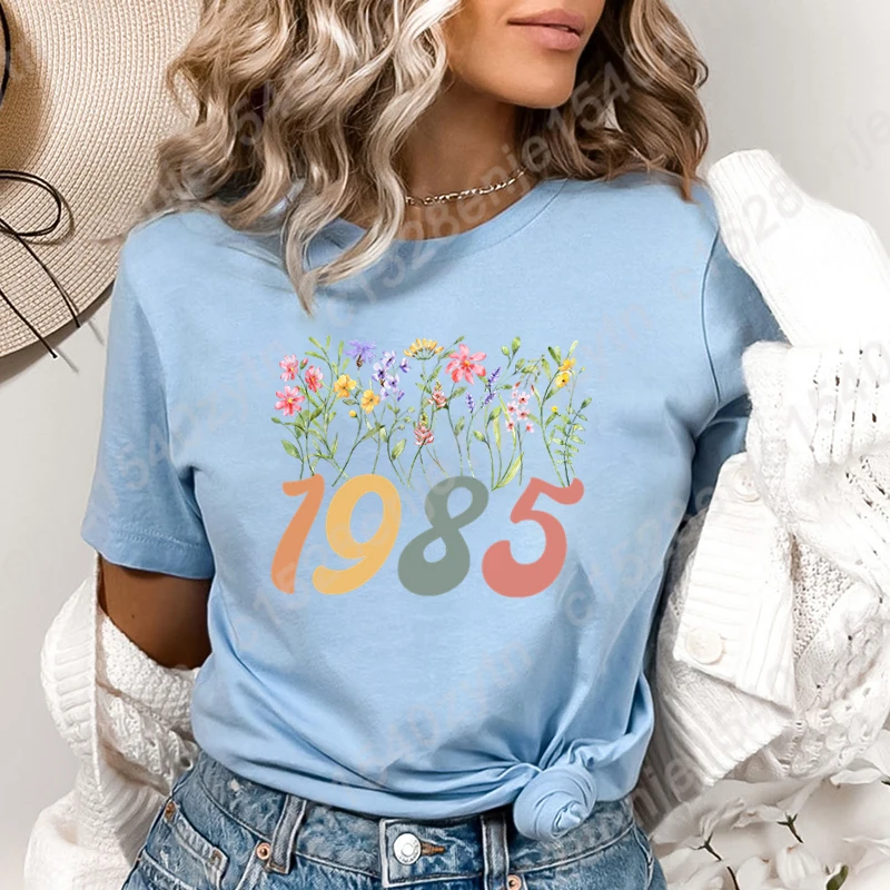 

Flower 1985 Shirt Graphic Tee Shirt For Women Birthday Gifts T Shirts New Popular Tees Retro Birthday Party Idea Pure Color Tops