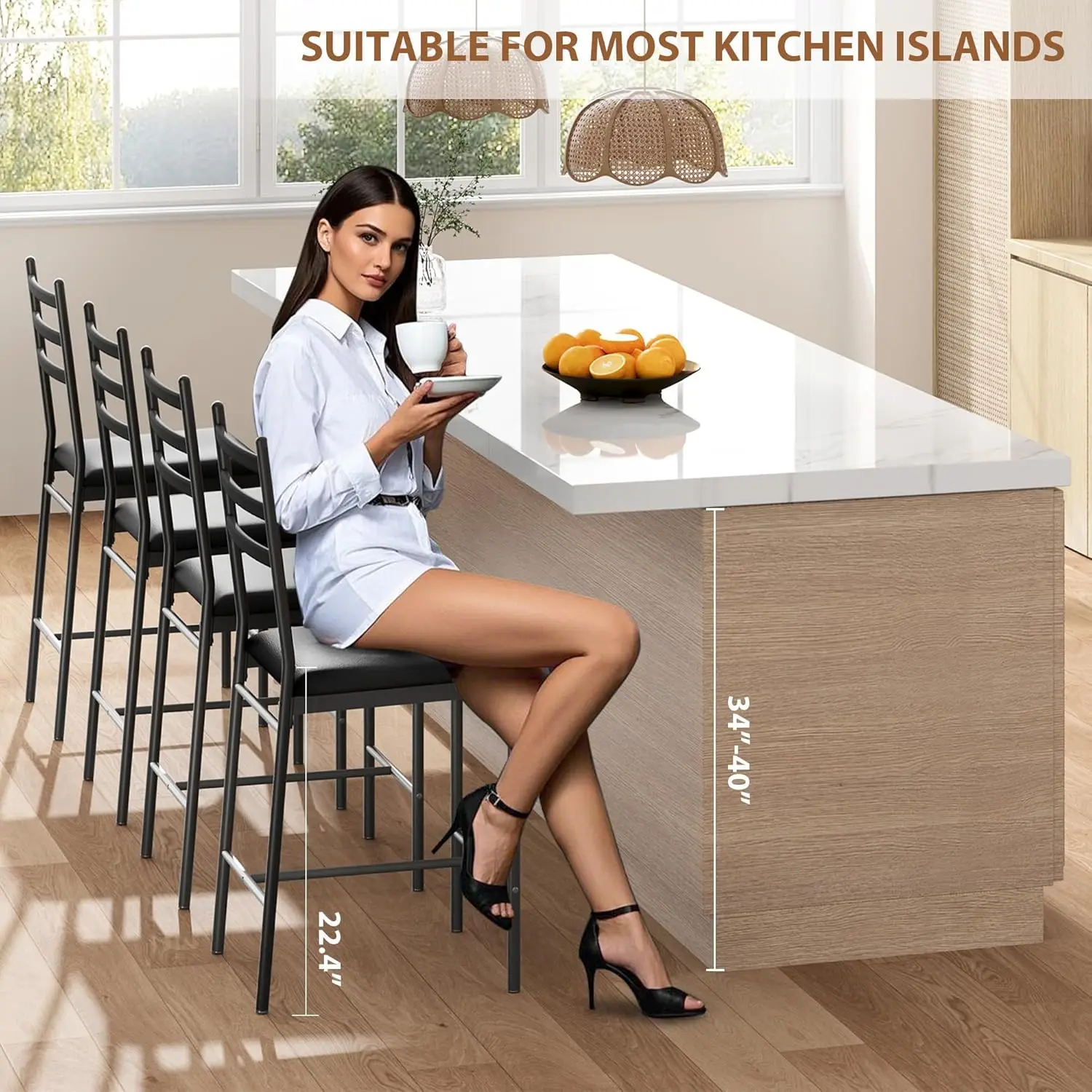 Set of 2 Modern Bar Stools 22" Counter Height - Back & Thick 3" Cushion, Footrest & Seat for Kitchen Island, Water-Resistant