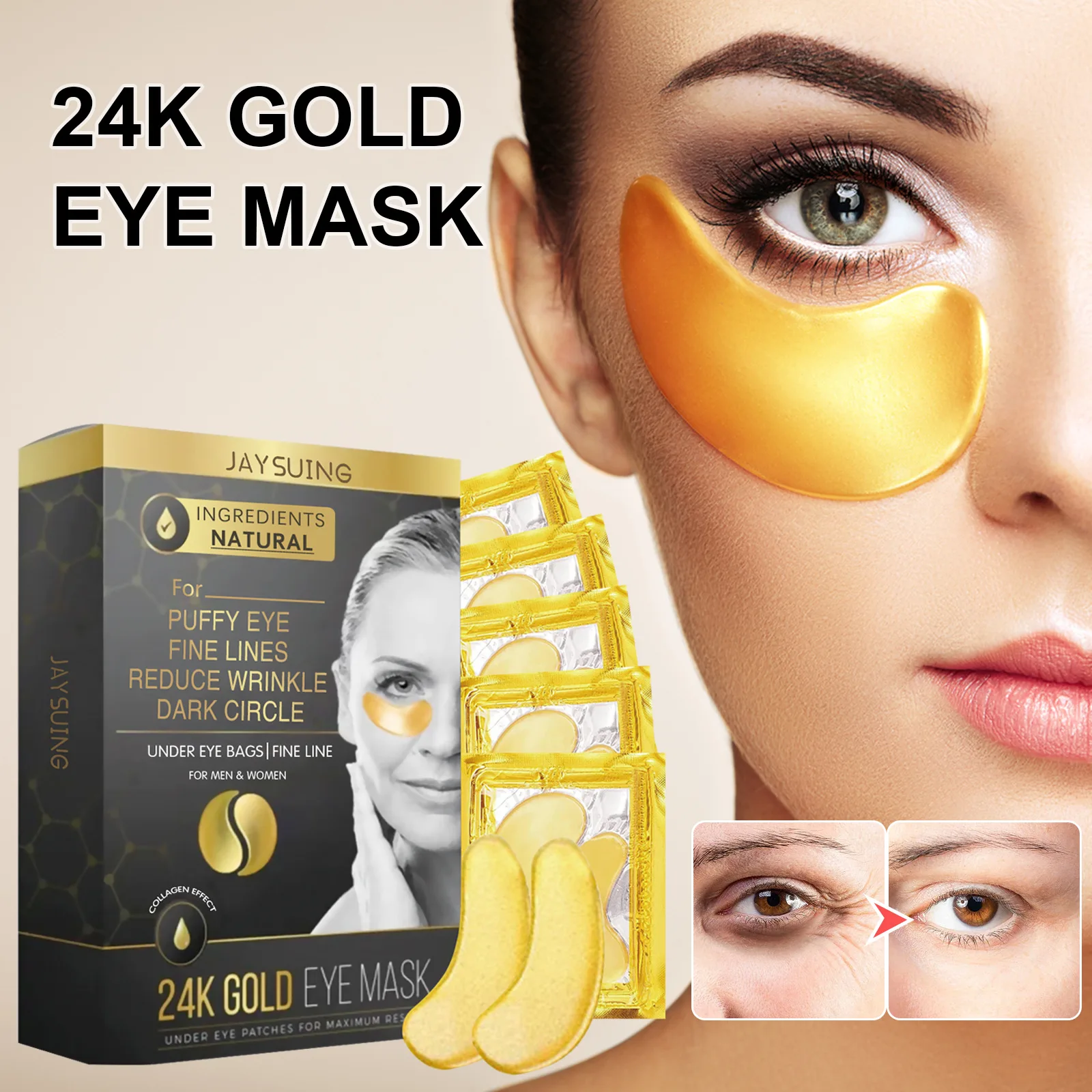 Mascarilla de ojos dorada de 24K, colágeno, antiarrugas, hidratante, nutritivo, eliminación de ojeras, mejora las bolsas de los ojos, parches suaves reafirmantes para los ojos