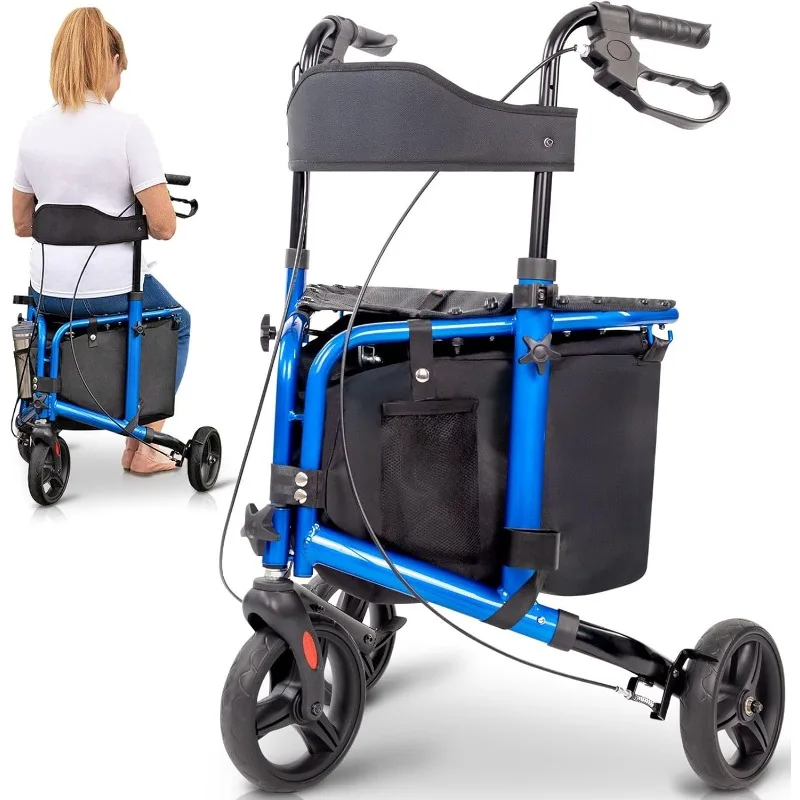 3輪歩行器（シート付き） - 高齢者・大人向け三輪歩行器 - 軽量で折りたたみ可能、シート、ブレーキ、車輪付き