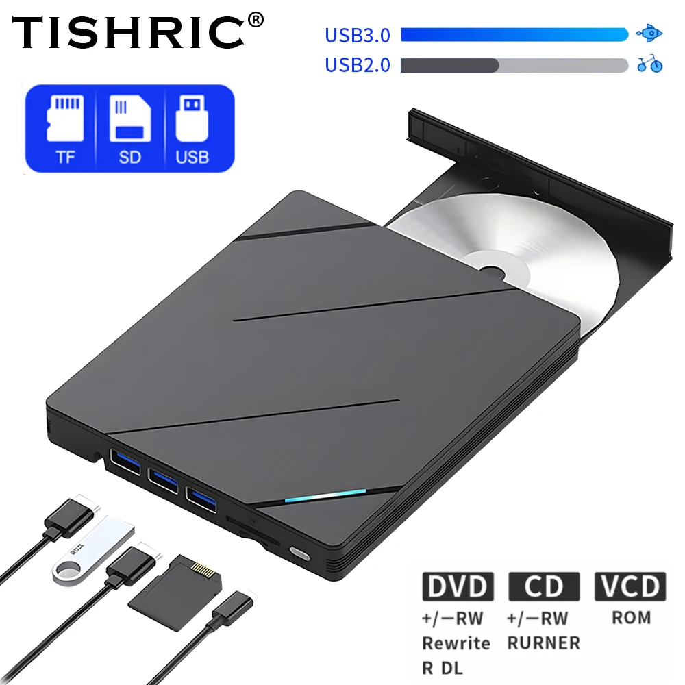 TISHRIC DVD External USB3.0 Type-C Multifunctional  CD Writer Drive Burner Reader Suitable For Laptop PC in any occasion