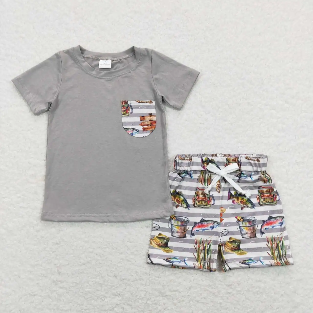 Wholesale hot sale children’s clothing for Baby Girls Clothes Fishing Stripe Pocket Gray Short Sleeve Shorts Set