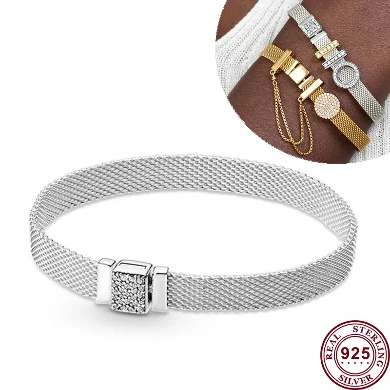 Hot Selling 925 Silver Reflexions Series Woven Mesh Original Women's Logo Multi Loop Watch Bracelet Wedding DIY Charm Jewelry