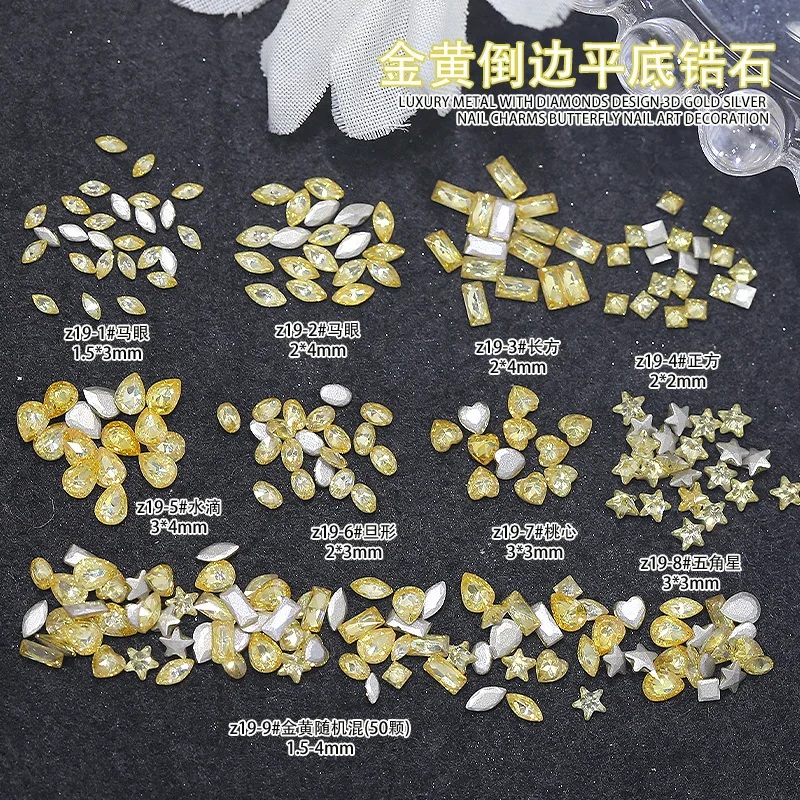 ‌50PCS Golden Chamfered Zircon Flat Diamonds Star Square Drop Shape Nail Art Rhinestones for Sparkle Manicure Party Decor