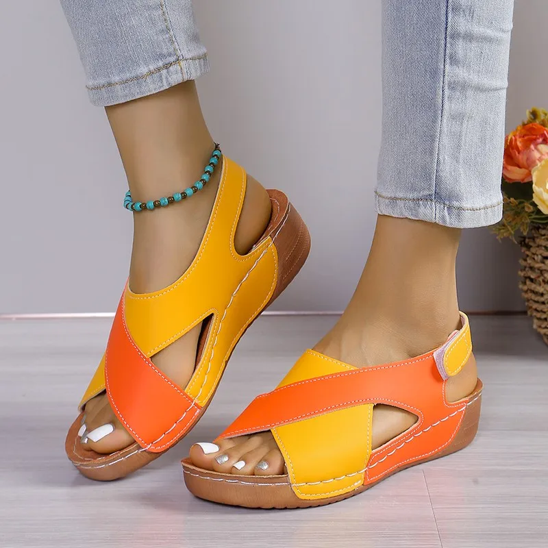 2024 New Fashion Women\'s Sandals Summer Retro Solid Color Thick Bottom Wedge Heel Open Toe Large Size Fish Mouth Sandals Zapatos