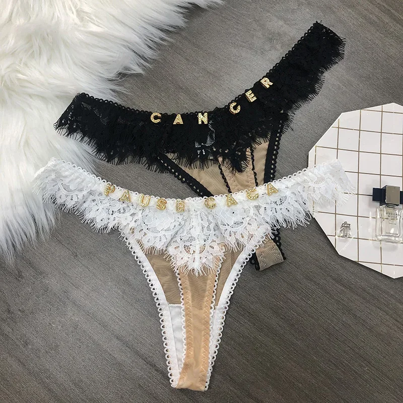 Custom Lace Underwear Crystal Letters Name Personalised Thong Waist Jewelry Women Bikini G-String Panty Birthday Lovers Gift