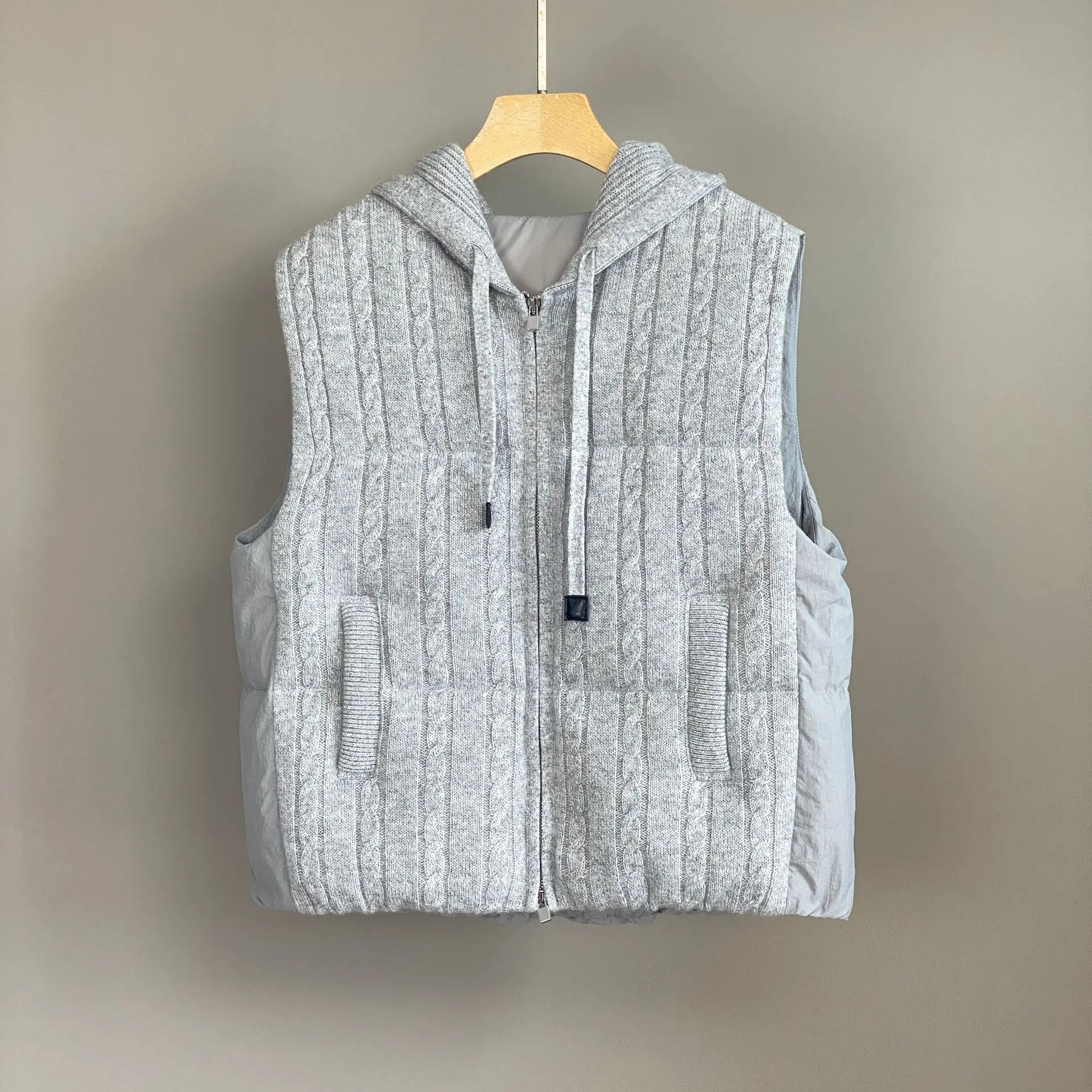 2025 outono e inverno novo colete de malha de linho de caxemira com capuz elegante e versátil casual colete de penas de ganso