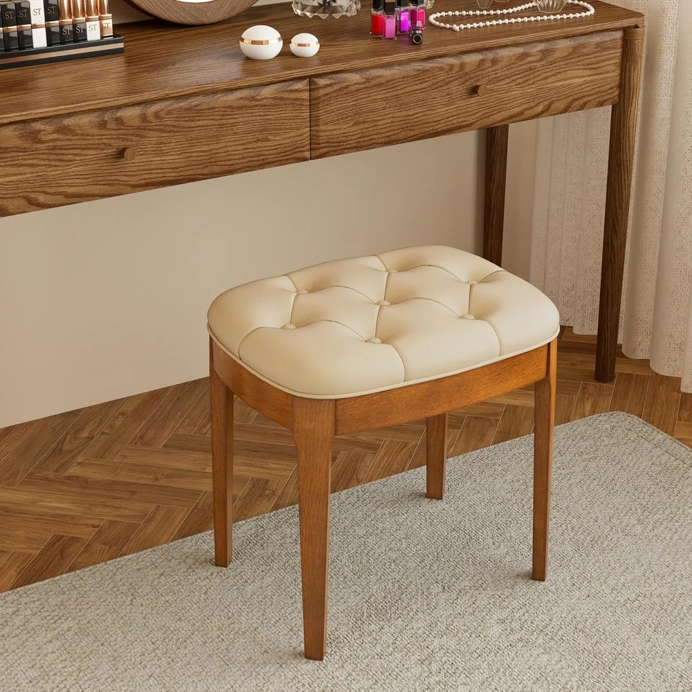 

Wood Button Tufted Vanity Stool, Ottoman with Wood Legs & Padded Seat PU Leather Upholstered Piano Bench with Non-Slip Foot