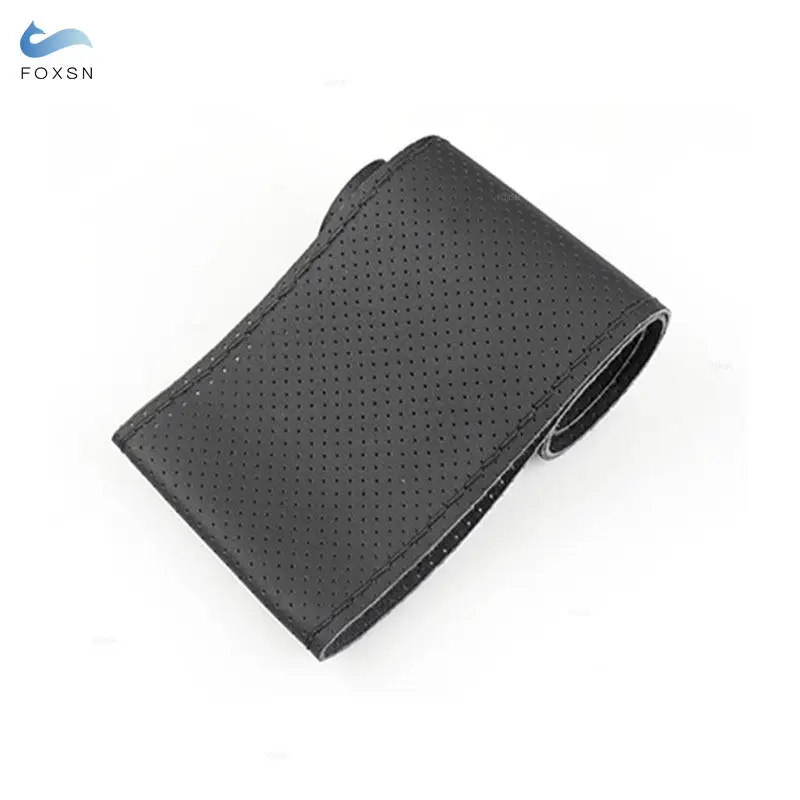 Diameter 38cm Hand-stitched Black Perforated Leather Car Interior Steering Wheel Cover DIY Braid with Needles And Thread Kits