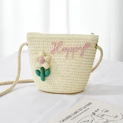 Cute Children's Straw Shoulder Bags Flower Baby Girls Small Bucket Crossbody Bag Boys Kids Mini Coin Purse Beach Handbags