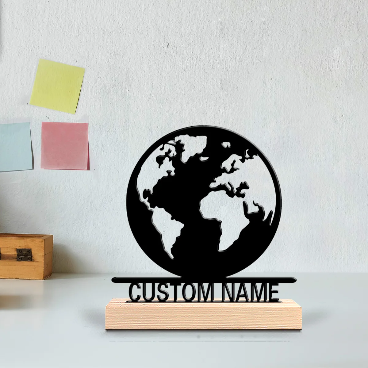 1pc Minimalist globe Customized Text Metal Statue Metal Ornament Art Crafts With Wood Base Iron SculptureFor Home Decor