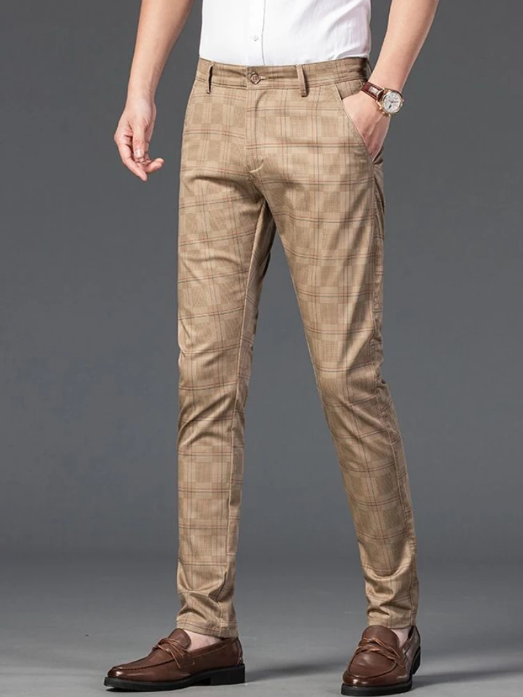 

Social Tailoring Office Tressed Khaki Pocket Plaid Male Suit Trousers Anti-wrinkle High Quality New In Fabric Men's Suits Pants