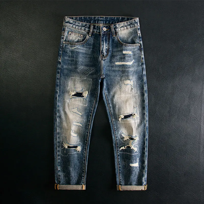 

Уличный дизайнер Модные мужские джинсы Ретро Синие эластичные облегающие рваные джинсы с дырками Мужские винтажные джинсовые брюки в стиле хип-хоп Hombre