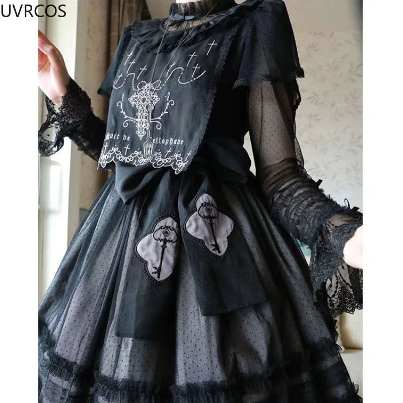 Dolce fiocco Roffles Maglia di pizzo Camicie a maniche lunghe Ragazze Kawaii Allentato Jsk All'interno Top Vittoriano Vintage Elegante Lolita Camicette Donna