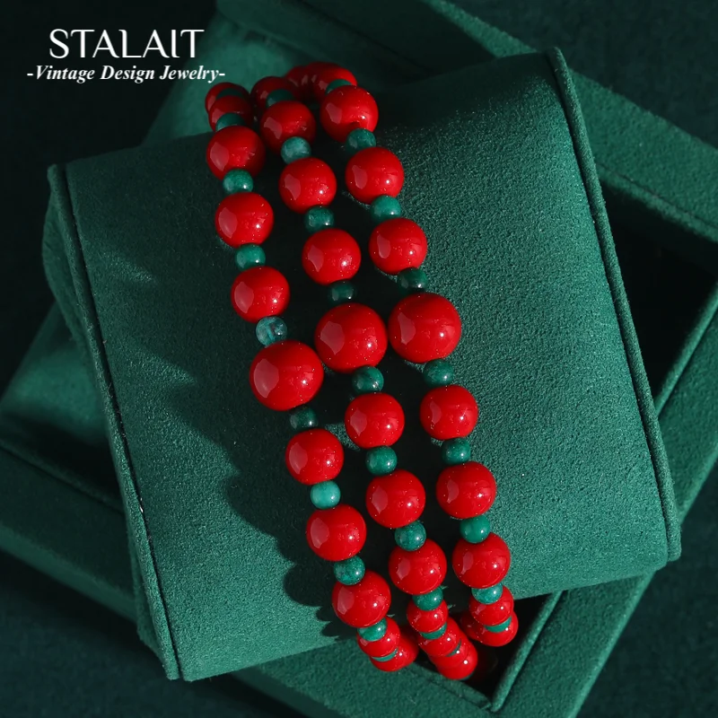 

Vintage Layered Red Beaded Bracelets Strand Gold Color Ball Charm Luxury Brands Woman Wedding Bride Antique Jewelry Christmas