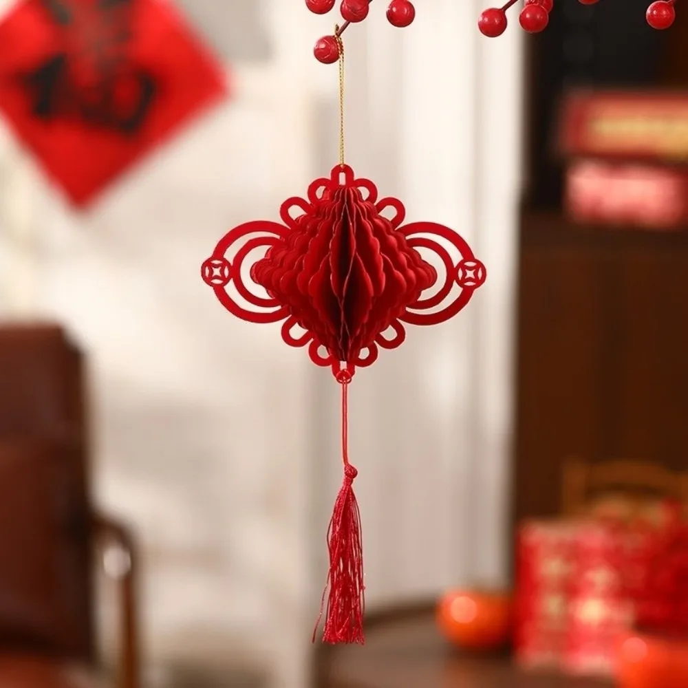 Traditional Red Chinese New Year Decoration Small Chinese Knot Honeycomb Lantern Koi Gourds Shape 3D Felt Pendant Living Room