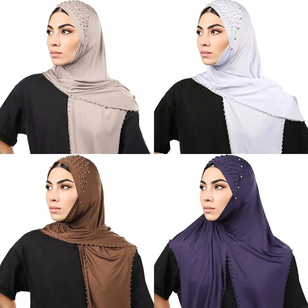 

72XE Easy Pull On Hooded Beaded Scarf Ladies Polyester Wrap Cap Daily Use