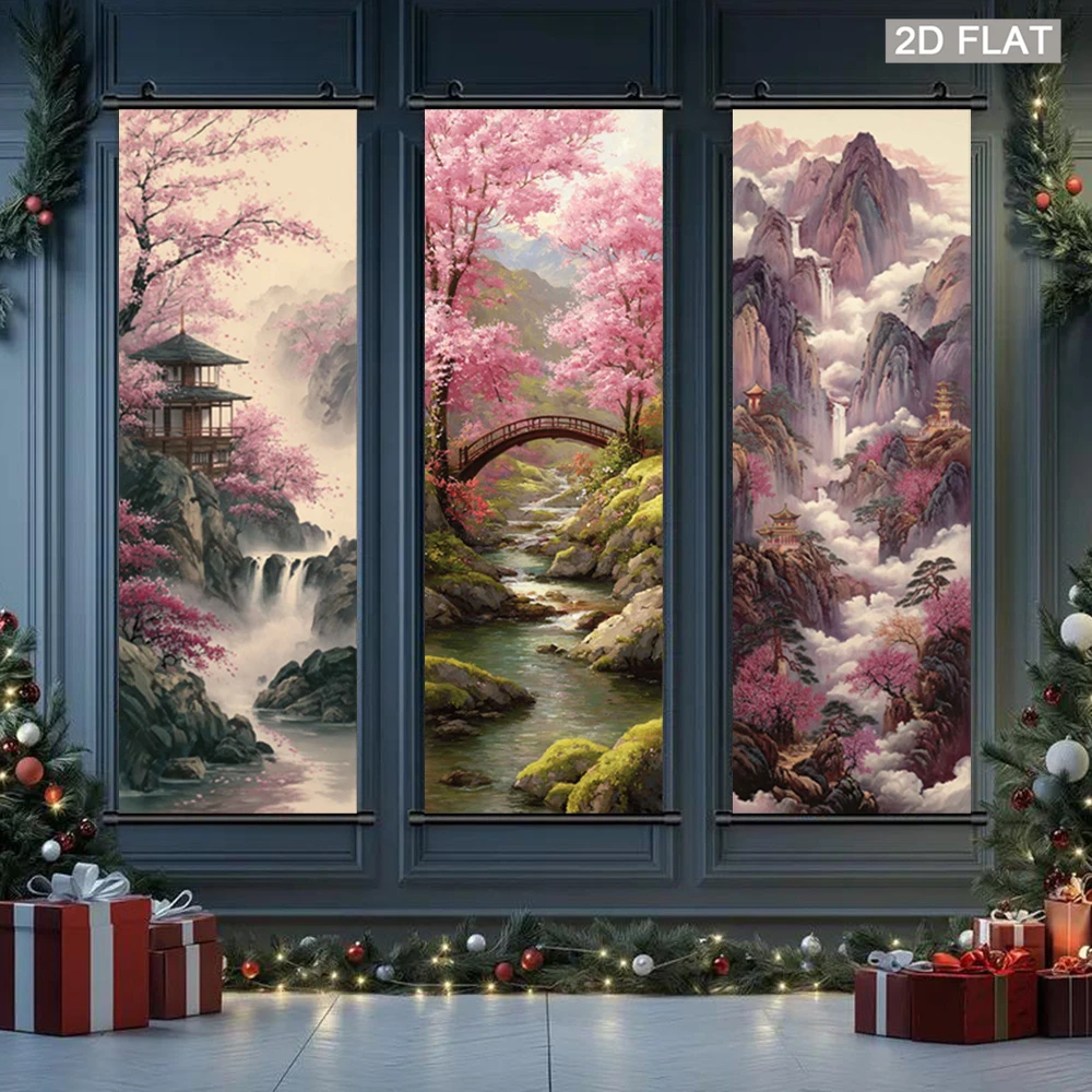 VIKAMA Oriental Cherry Blossom Landscape Tapestry, Vintage Waterfall Pavilion Wall Scroll, Japanese Style Home Decor Art Poster