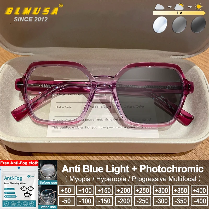 

BLMUSA Trendy Style Women's Geometric Design Photochromic Myopia Glasses Anti Blue Light Prescription Reading Computer Eyeware