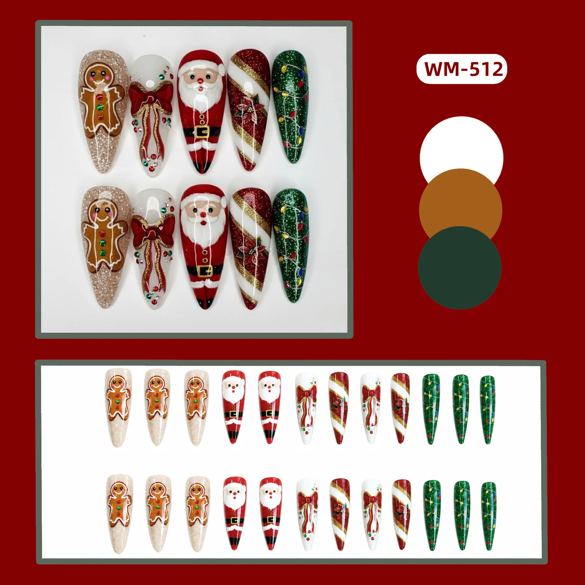24pcs Christmas Press On Nails Santa Claus Gingerbread Man Bow Glitter Xmas Light Fake Nail Long Almond False Nail for Women