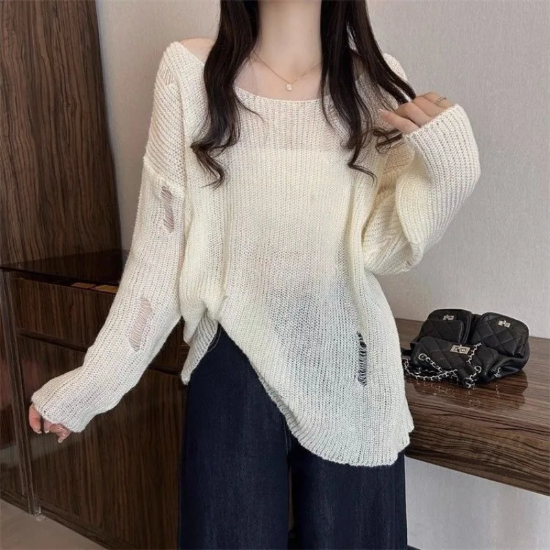 Women's 2026 Spring Summer Slouchy Cutout Long Sleeve Knit Pullover Top Midi Loose UV Protection Cover Up Korean Chic Style