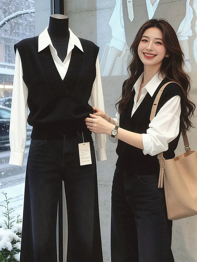 Large Size Korean Style Knitted Vest Fake Two-Piece White Shirt Women's Autumn New Inner Wear Commute Top Loose Fit Long Sleeve