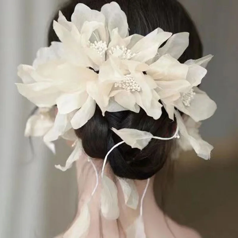 Charming Bridal Flower  Hairwear Accessories Beige Floral Wedding Hair Jewelry Big Women Headpiece Ornament