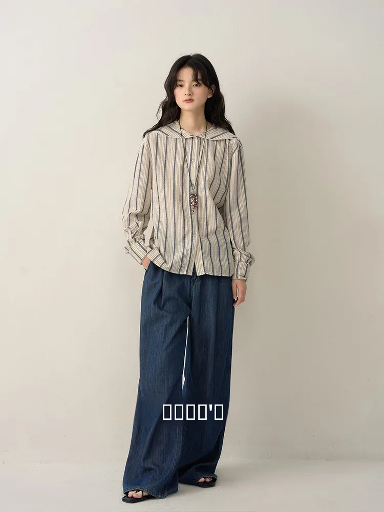 

Early Spring New Navy Collar Striped Embroidered Lace Casual Loose Fit Cotton Long Sve Women's irt Breathable Comfortable