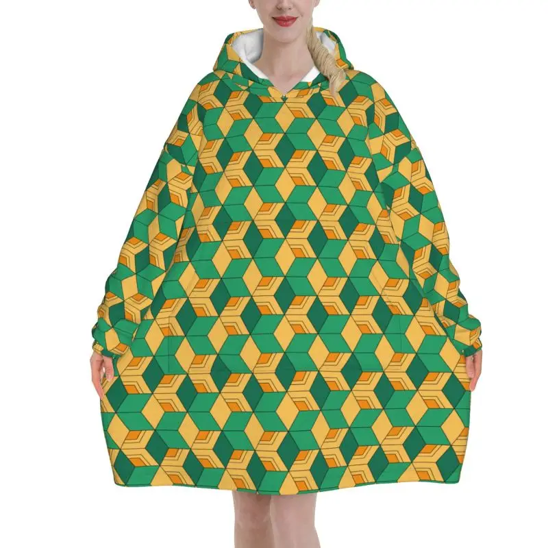Tanjiro Haori Checker Green Yellow Squares Pattern Blanket Hoodie Women Wearable Pullover Sweatshirt Oversized Hooded Blanket