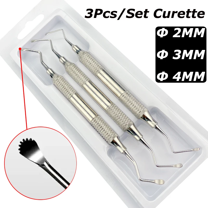 Aço inoxidável Dental Double Headed Cureta, osso periodontal, Ferramenta de Instrumento Material Odontológico, 3pcs por conjunto