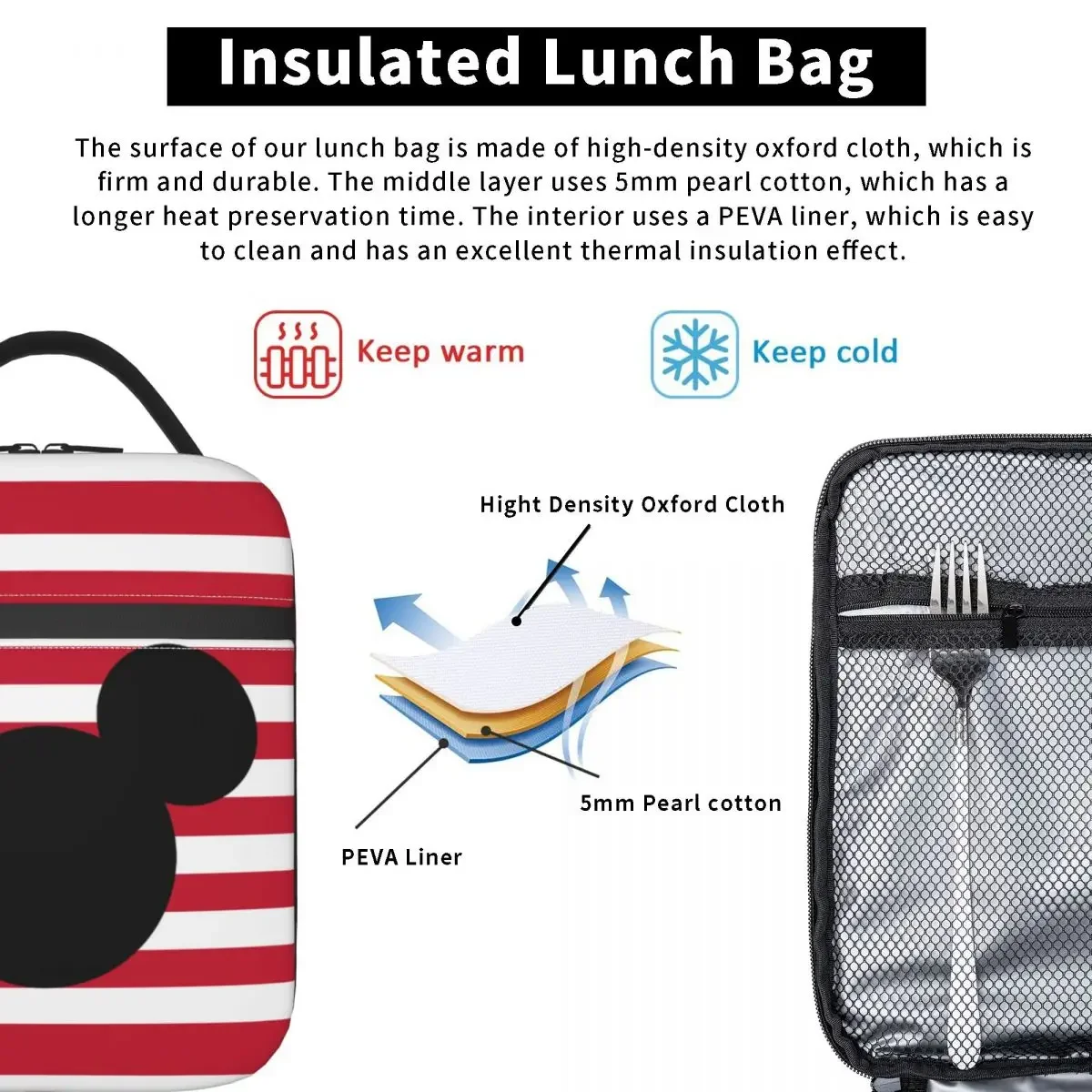 Mickey Head Silhouette Insulated Lunch Bag Leakproof Meal Container Thermal Bag Tote Lunch Box College Picnic Food Storage Bags