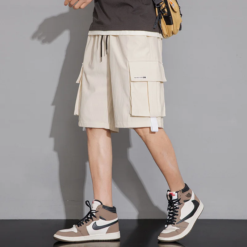 Safari Style Straight Loose Casual Shorts Men's Clothing Solid Color Basic Summer Drawstring Fashion Pockets Spliced Knee Pants