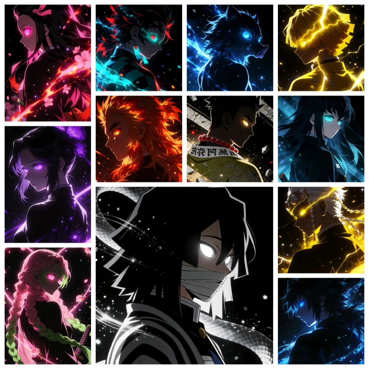 Lienzo decorativo con silueta de personajes del anime Demon Slayer Kimetsu no Yaiba, estilo neón brillante estético de Hashira y los protagonistas