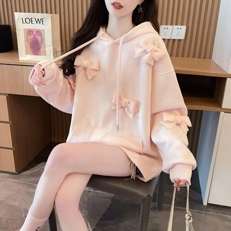 Chic Bowknot Pullover Hoodies Women Korean Fashion O-neck Full Sleeve Solid Cute Hooded Sweatshirts Autumn Winter Loose Pull Top