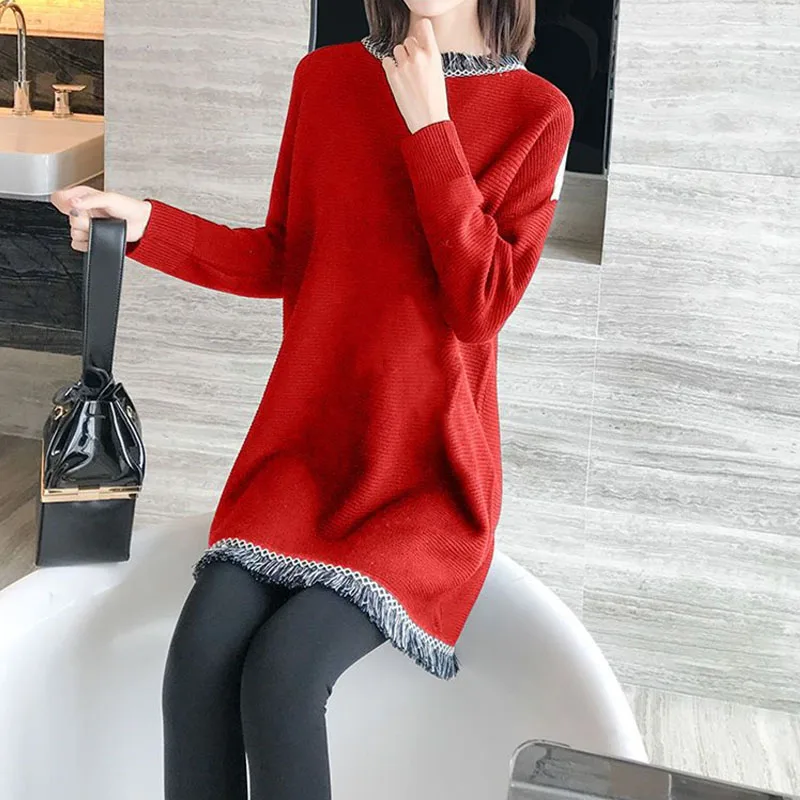 German Velvet Thickening Loose Waist O-Neck Solid Basic Tassel Short Dresses Autumn Winter Pullover Long Sleeve Screw Thread