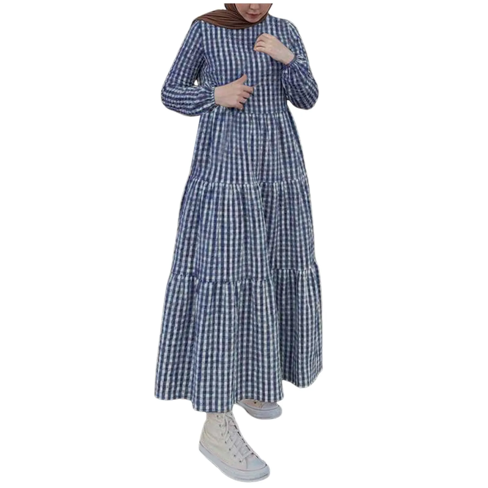 Women's Fashion Casual Muslim Dress Ladies Round Neck Plaid Pullover Bubble Sleeve Long Sleeve with Belt Muslim Loose Dresses
