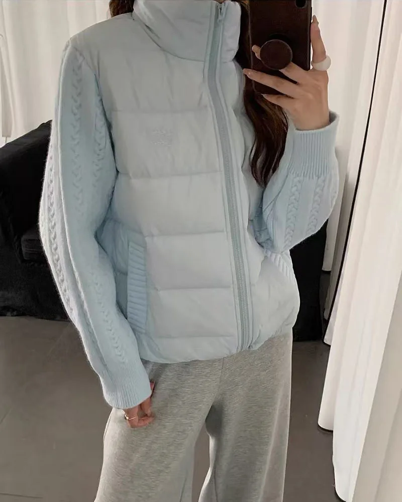 Winter Patchwork Parkas for Women Thick Warm Knitted Sleeve Splicing Puffy Coats Korean Loose Preppy Zipper Down Outwear New