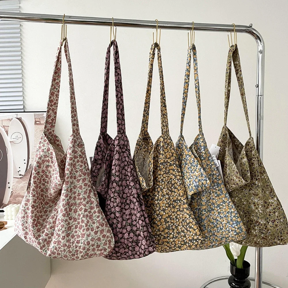 Korean Vintage Floral Cotton Fabric Shopping Bags Handbags Large Capacity Shoulder Bag Fashion Book Bag Ladies New Style