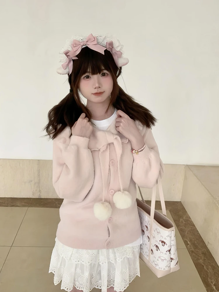 

Мягкий вязаный кардиган с открытыми рукавами для женщин, зимний свободный розовый свитер в японском стиле, повседневная одежда, полиэстер, длинный рукав