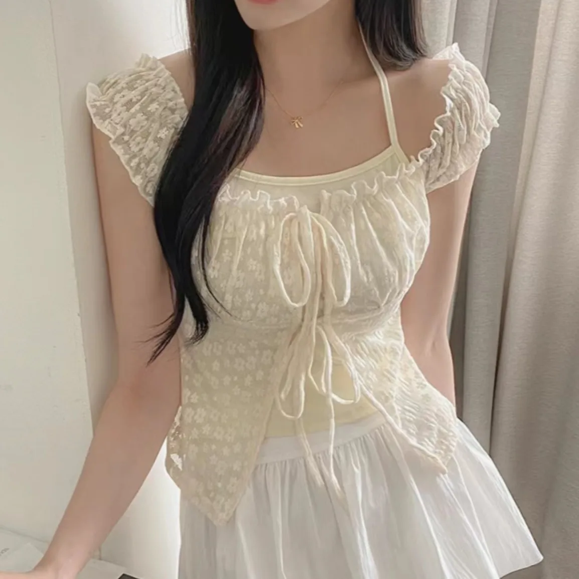 Chic verano Floral encaje ort Sve Top mujer diseño sentido colgante Ne falso de dos piezas ort irt coreano Sle mezcla de algodón