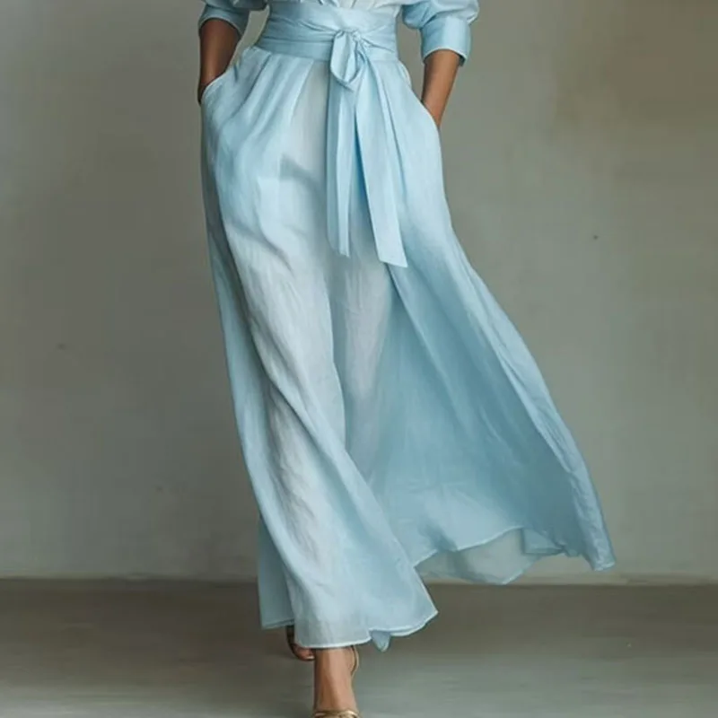 Bohemian Elegant Lace-up High Waist Long Dress Woman New Turn-down Collar Hollow Party Dress Spring 3/4 Sleeve Pocket Maxi Dress - Image 3