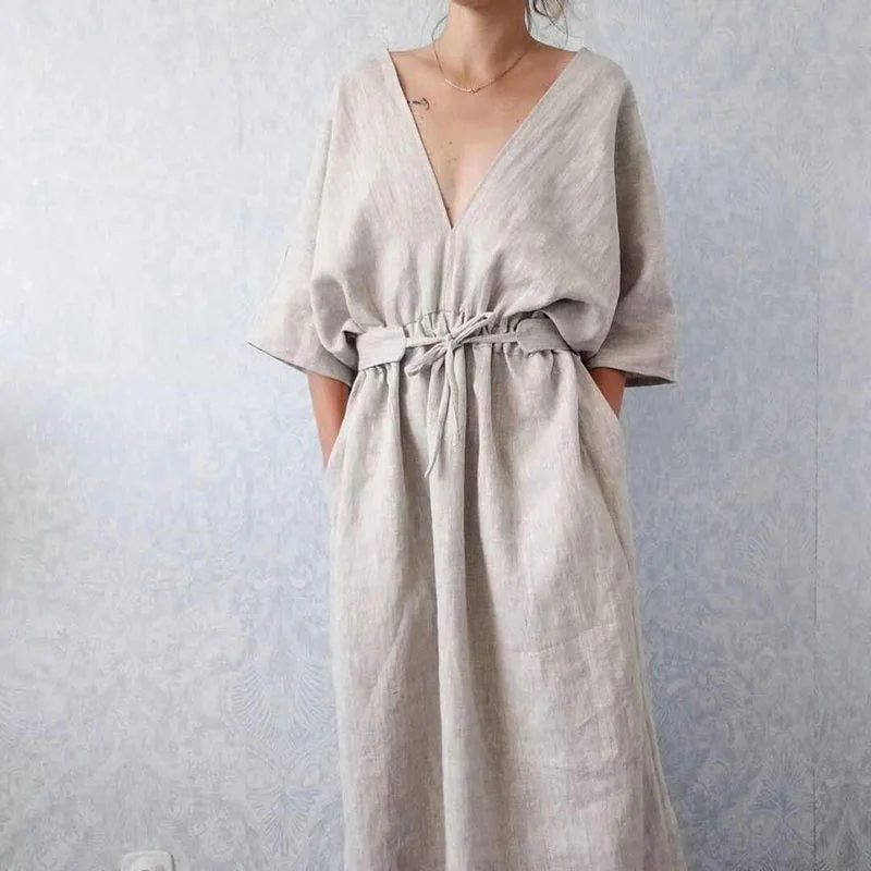 French lazy minority design sense of rain and dew hemp plain linen pure linen can be worn outside nightdress loose