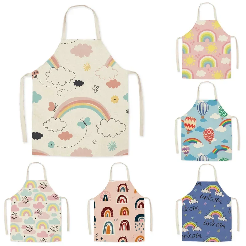 Linen Cartoon Cloud Rainbow Apron Oil-proof Apron Parent-child Kitchen Sleeveless Halter Apron Kitchen Delantal Cocina Delantal