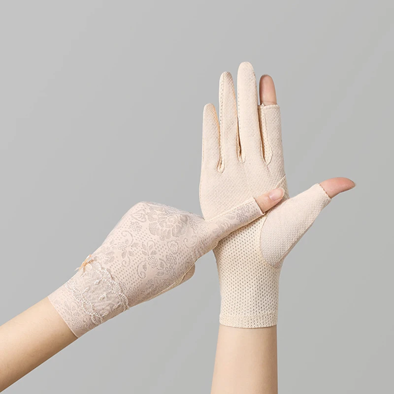 Summer Ice Silk Bow Anti-UV Riding Sunscreen Mitte Women Thin Short Half Finger Lace Touch Screen Fingerless Driving Gloves S100