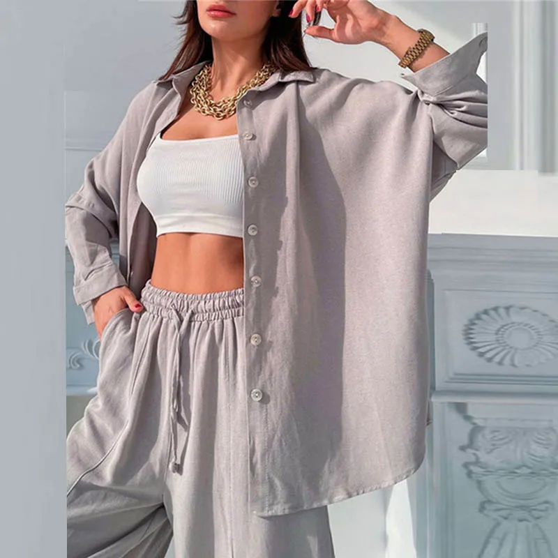 Women Solid color Shirt set Elegant Summer Fashion Long sleeve Buttons blouse + waist Wide Leg long Pants two Piece set outfit