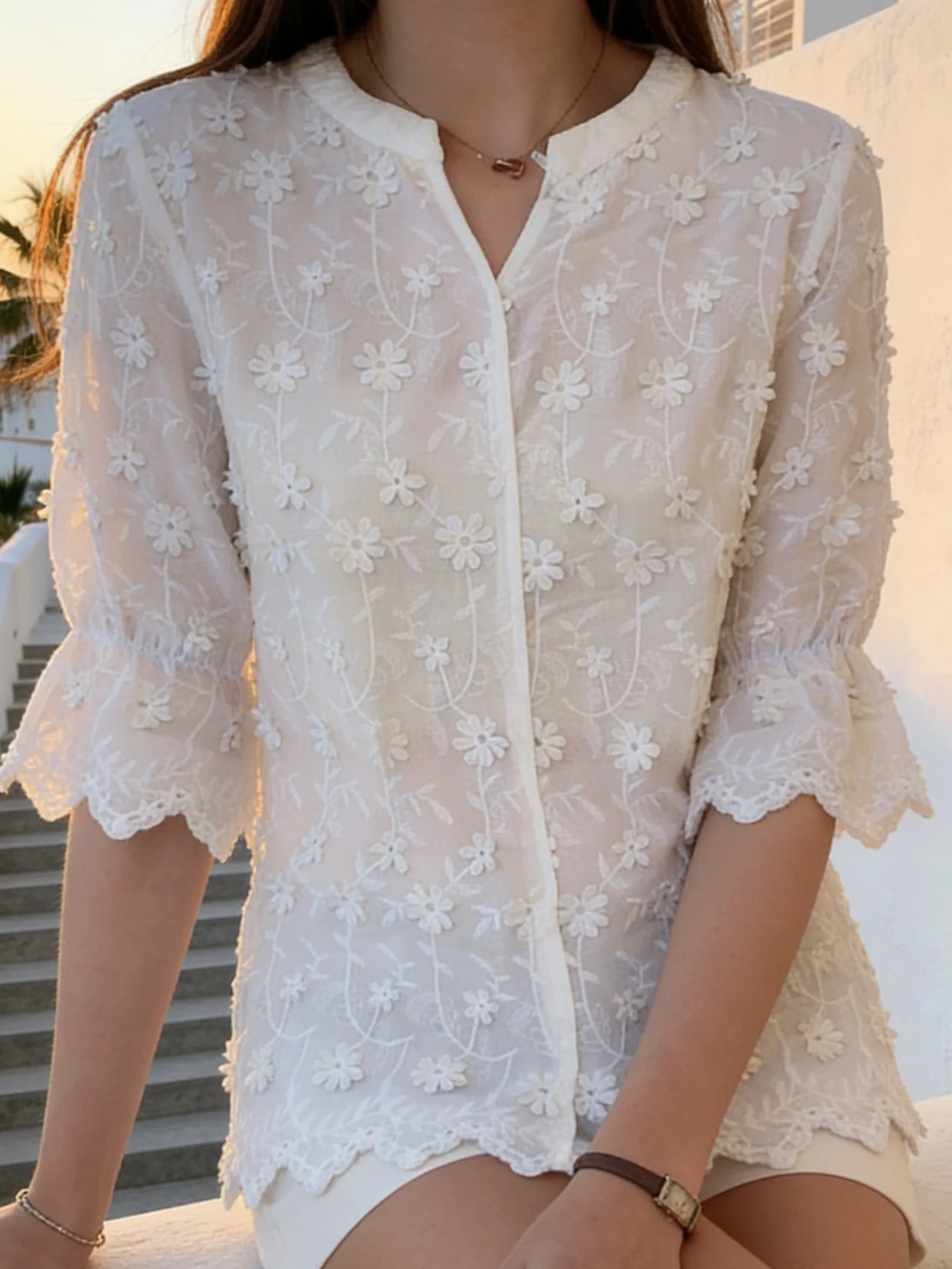 

Korean 2026 New Stylish Elegant Women's Shirts Embroidered White Woman Blouse Floral Half Sleeve Tops Casual Clothing