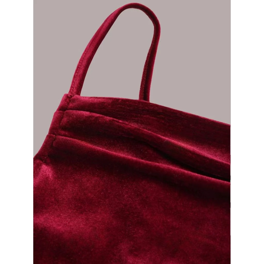 Aksamitna sukienka na ramiączkach Elegancja Jesień Zima Nowość Modna damska sukienka midi Bez marki Materiał poliestrowy