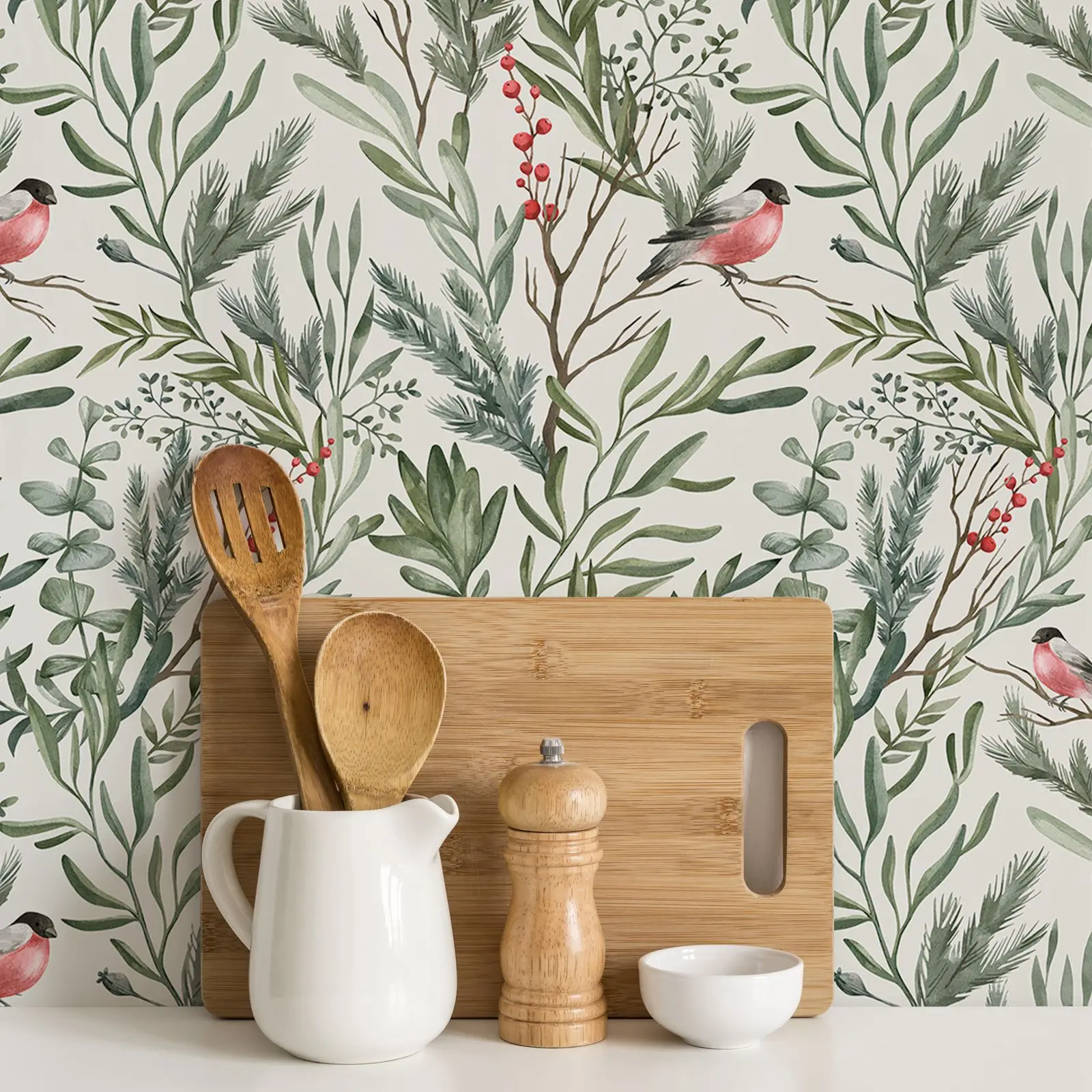 

Ботаническая настенная бумага с зимними листьями, ветками и ягодами, пилинг и наклейте обои для птиц Bullfinch / Фреска без наклеивания