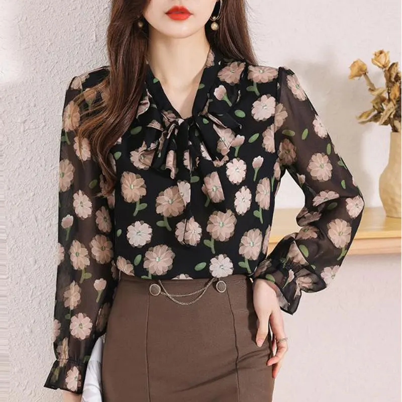 Spring Summer New Floral Printed Shirt Elegant V-Neck Drawstring Female Clothing Stylish Commute Loose Korean Long Sleeve Blouse