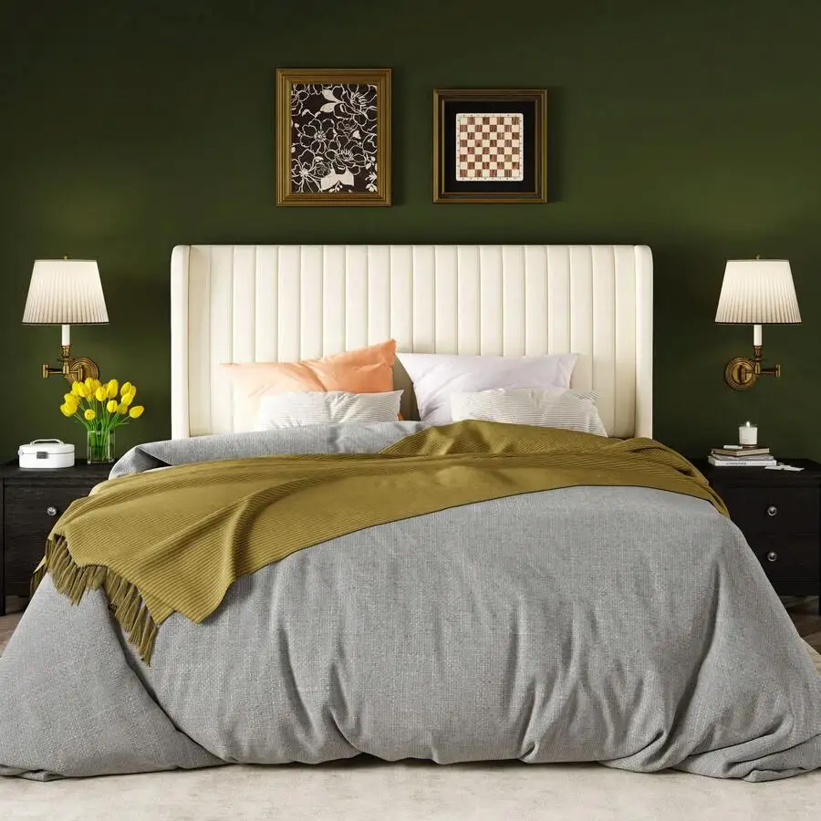 Full/Queen/King Size Velvet Bed Frame/Vertical Channel Tufted Wingback Headboard/Upholstered Platform Bed/Strong Wooden Slats/No Box Spring Needed/Easy Assembly/Black